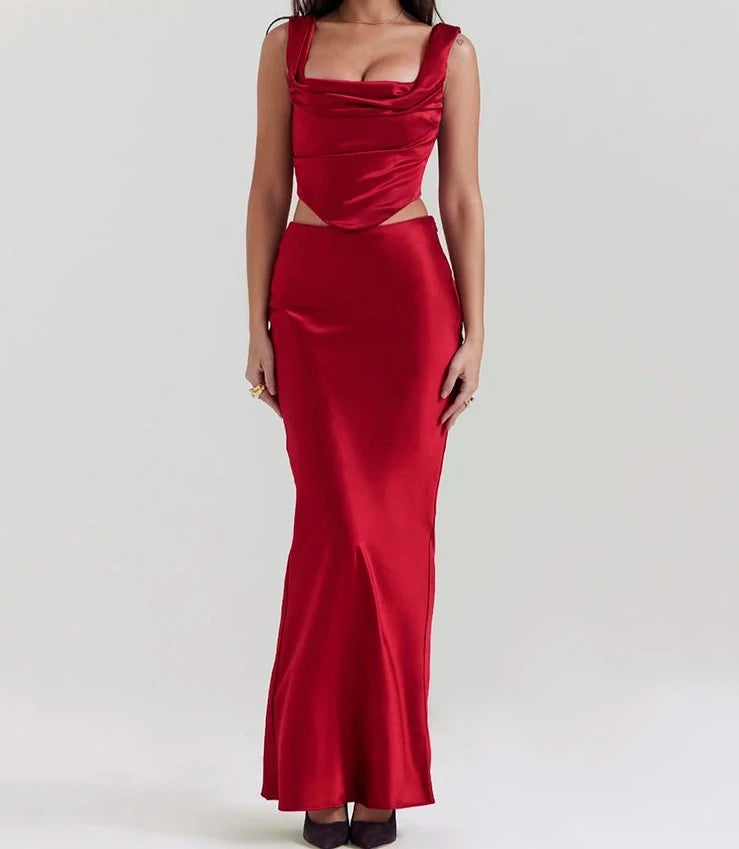 A&A Satin Sleeveless Corset Style Skirt Two Piece Set silk skirt smooth