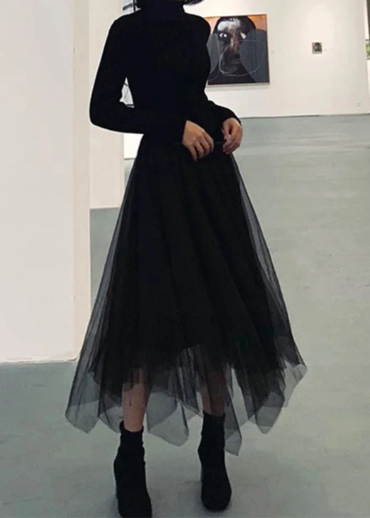 Plus Size Fine Black Tulle beach skirts Spring velvet skirt glossy