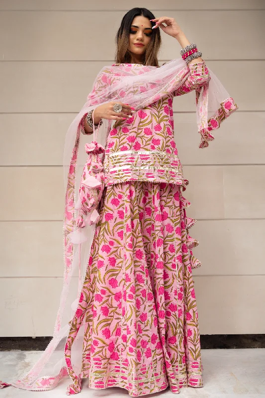 Pomcha Jaipur Tulsi Pink Cotton Hand Block Skirt Set cashmere skirt rich