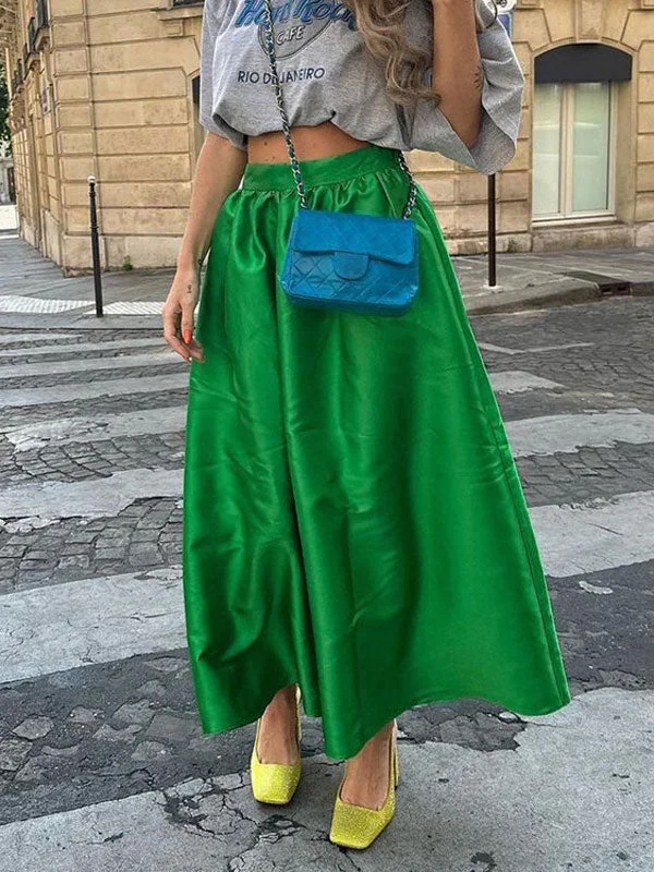 Satin Solid Color High Waist Maxi Skirts vintage skirt charm