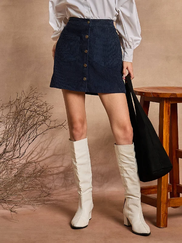 Women Navy Blue Front Button Mini Skirt corduroy skirt cozy