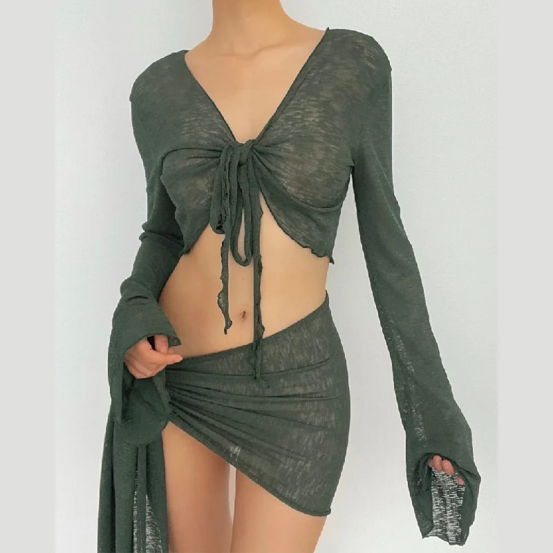 Sheer mesh see through v neck knotted irregular long sleeve skirt set chiffon skirt airy