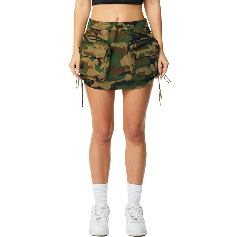 Shirring Utility Mini Skirt - Wood Camo zip skirt side