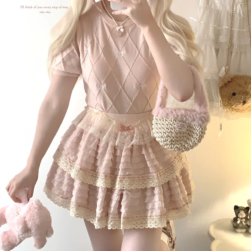 sleepingdoll Cake Layered Lace Retro High Waist Skirt patchwork skirt art