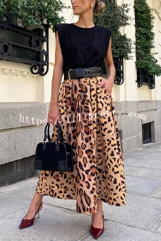 Stylish Leopard Print Elegant Large Hem Maxi Skirt wool skirt warm