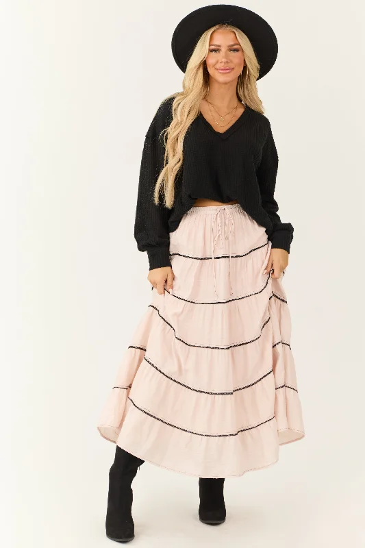 Tea Rose Contrast Tie Waist Tiered Maxi Skirt maxi skirt elegant