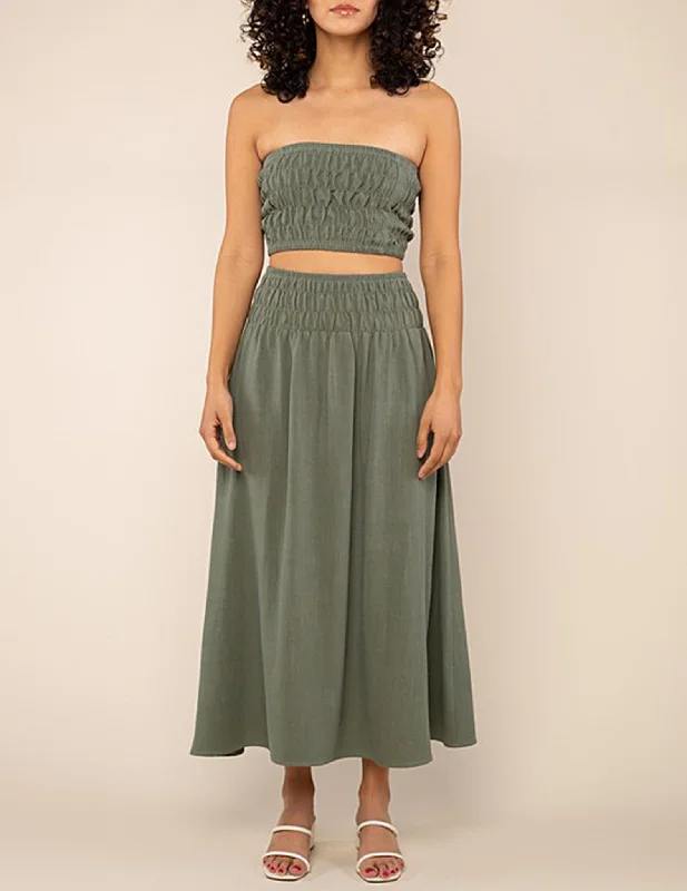 Teia Shirred Drop Waist Midi Skirt silk skirt lustrous