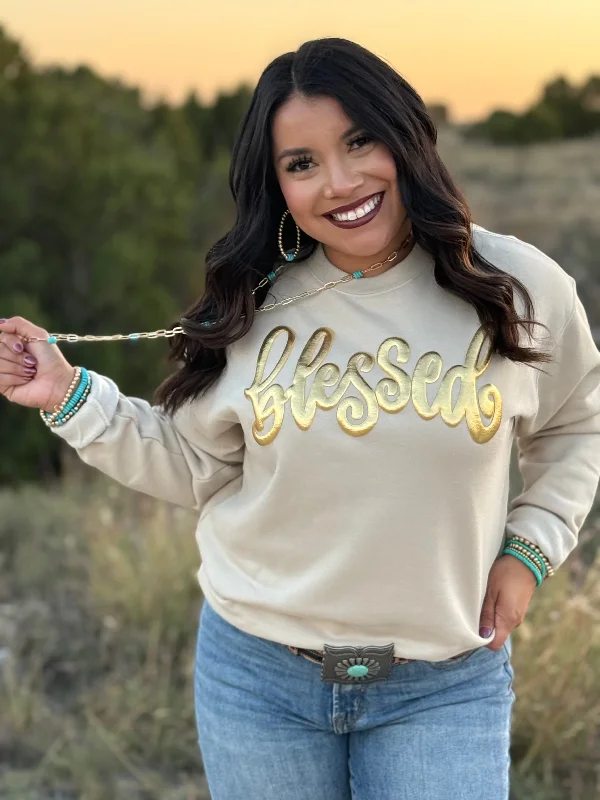 Texas True Threads Blessed in Gold Metallic Puff Sweatshirt Hoodie with Distressed Vintage Worn Texas True Threads Blessed in Gold Metallic Puff Sweatshirt Hoodie with Distressed Vintage Worn
