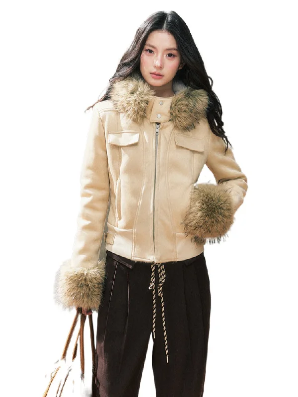 Two-Tone Hooded Fur Collar Shearling Coat Cotton Hoodie Fleece Lining Warmth
