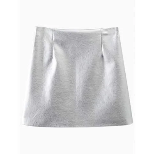 PU Leather Metal Colour Mini Skirt - Silver S satin skirt smooth