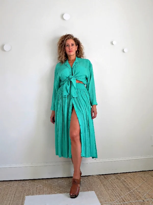 Vintage Teal Green Top + Skirt Set high waist skirt