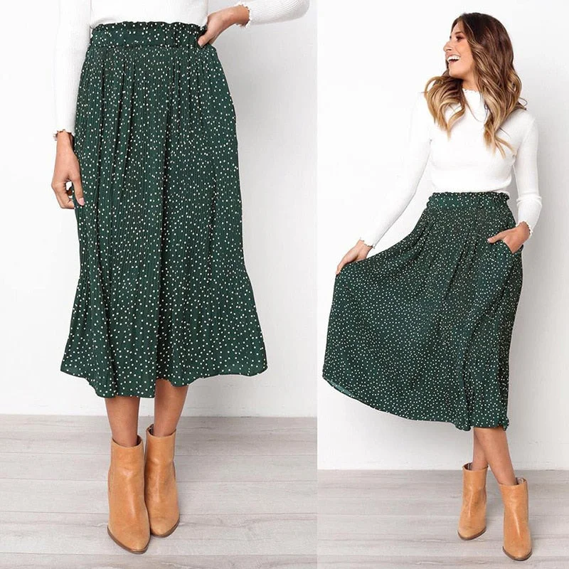 White Dots Floral Print Pleated Midi Skirt Women Elastic High Waist Side Pockets Skirts velvet skirt sumptuous