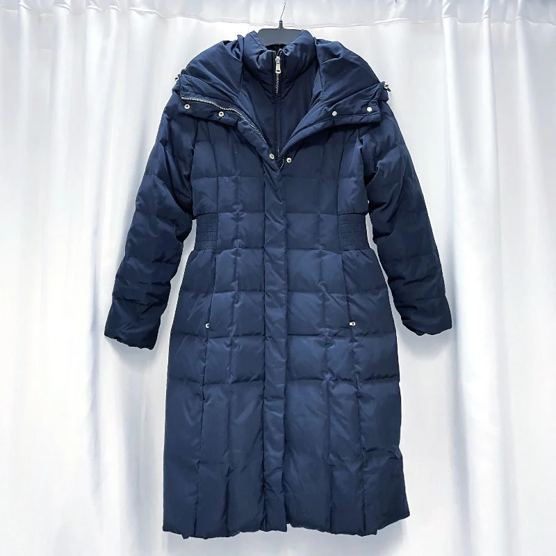 Wmns COLE HAAN Down Filled Navy Blue Long Hooded Quilted Long Puffer Coat Sz XS Hoodie with Mock Neck Collared Structured Wmns COLE HAAN Down Filled Navy Blue Long Hooded Quilted Long Puffer Coat Sz XS Hoodie with Mock Neck Collared Structured