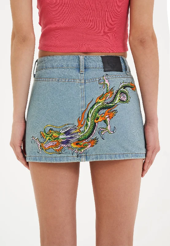 Womens Crawling Dragon Denim Mini Skirt - Blue cashmere skirt rich