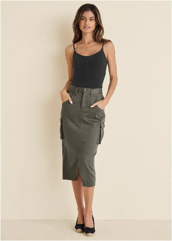 Twill Cargo Midi Skirt - Olive lace skirt feminine